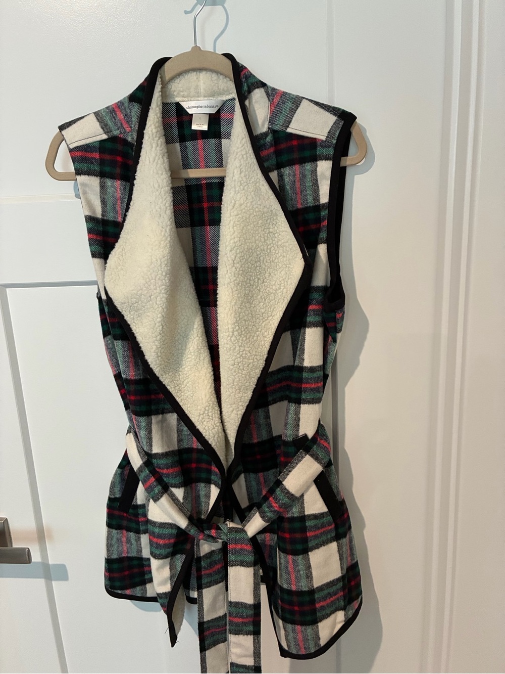 Christopher & Banks Plaid Sherpa Accent Lined Belted Vest Cream, Black & Green